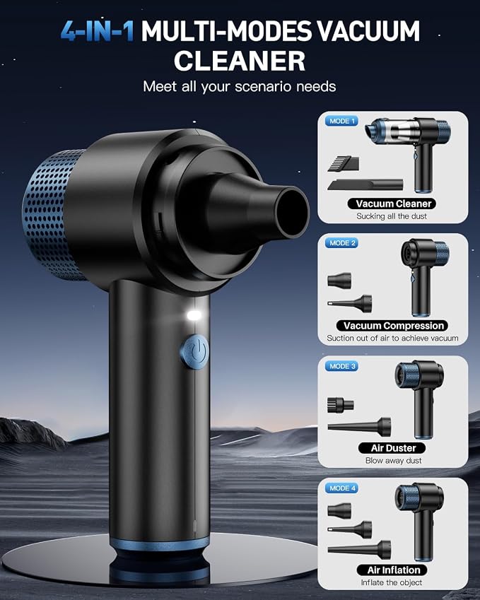 Handheld Car Vacuum Cleaner Cordless Rechargeable | 15000PA Powerful Suction, 4-in-1 Air Duster & Blower, Built-in LED Light, Multi Nozzles, Mini Portable Vacuum for Car & Home
