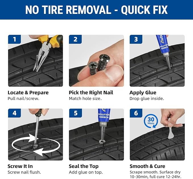 21PCS Tire Repair Rubber Nail Kit - Complete Screw Plug Kit with Glue, Fast Fix for Flat Tires on Car, Truck, Motorcycle, SUV & More