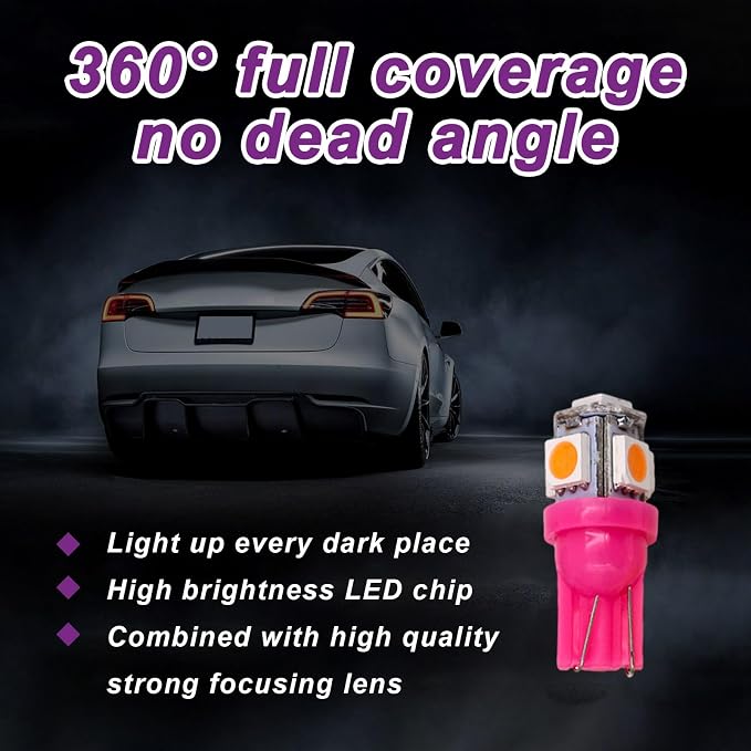 10 PCS Car Interior LED Light Bulb, T10 5050 5SMD LED Car Bulb Kit, Super Bright Automotive Led Replacement Bulbs for Dashboard Dome Map Door Courtesy License Plate Lights (Purple)
