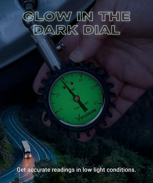 Tire Pressure Gauge - (0-60 PSI) Heavy Duty, Certified ANSI Accurate with Large 2 Inch Easy to Read Glow Dial, Low - High Air Pressure Gauge. Tire Gauge for Car and Trucks Tires by