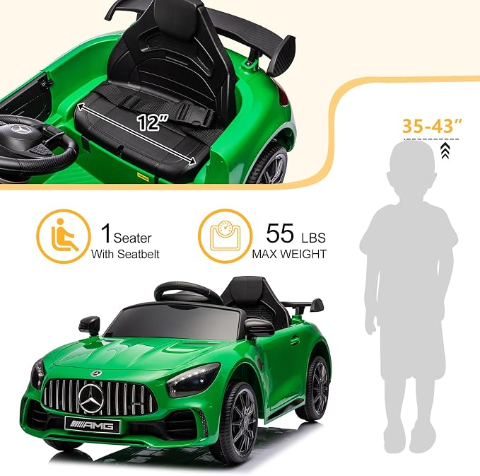 12V Ride on Car, Licensed Mercedes Benz AMG GTR Battery Powered Electric Vehicle, w/Parent Remote, Wider Seat, LED Lights, Openable Doors, MP3 Player, Smooth Start, 3 Speeds - Green