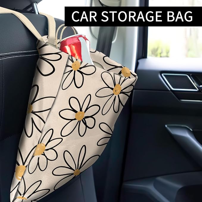 Car Trash Can, Cute Car Trash Bag, Hanging Car Organizer and Storage Bag, Trash Bin for Car Accessories, Vehicle, Travelling, Camping Cute Beige Daisy