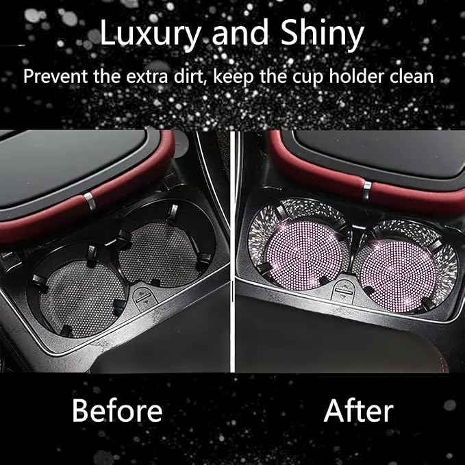2pcs Bling Car Cup Holder Coaster, 2.75 inch Anti-Slip Shockproof Universal Fashion Car Coasters Insert Bling Crystal Rhinestone Automotive Interior Accessories for Women (2 pcs, Pink)