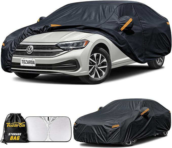 Car Cover Custom Fit for VW Jetta Waterproof All Weather,Outdoor Full Exterior Automobiles Snow Covers with Windshield Sun Shade and Breathable Vents,Driver Door Zipper & Storage Bag - Black