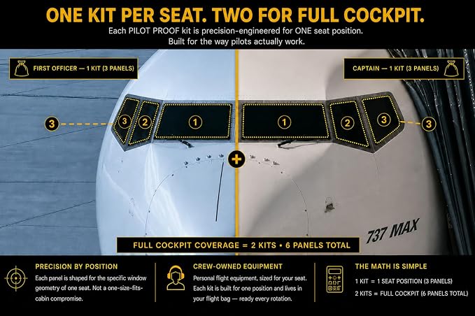 Boeing 737 Cockpit Sunshade Kit – Triple-Layer Blackout Window Shades for 737 NG & MAX Flight Deck | Precision-Fit, Foldable | Built by Pilots