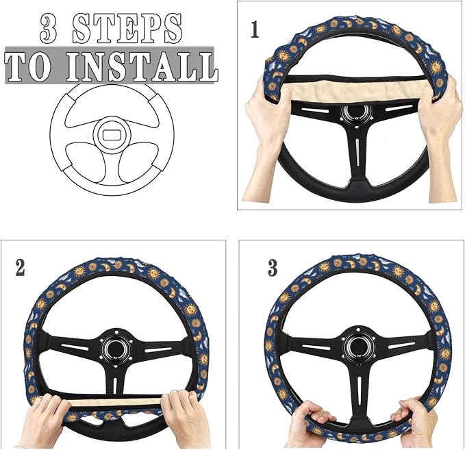 Sun and Moons Clouds Stars Eyes Steering Wheel Covers Anti-Slip Elasticity Car Accessories Steering Wheel Protector Universal 15 Inch for Cars SUV Vehicle Truck