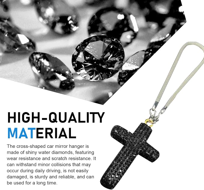 Bling Cross Car Mirror Hanging Accessories, Crystal Rhinestone Rear View Mirror Pendant, Religious Rearview Mirrors Decoration Charm, Car Hanging Ornament, Auto Interior Accessories (Black)
