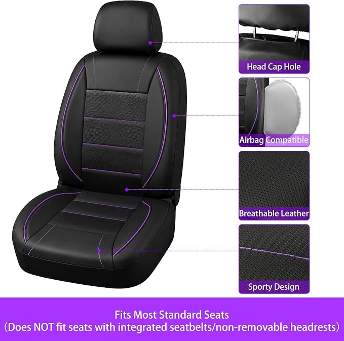 10 PCS Leather Car Seat Covers Front Set, 14.5”-15'' Sporty Steering Wheel Cover Universal, Center Console Cover, Seat Belt Cushion, Cup Holder Coaster, Car Interior Set Purple