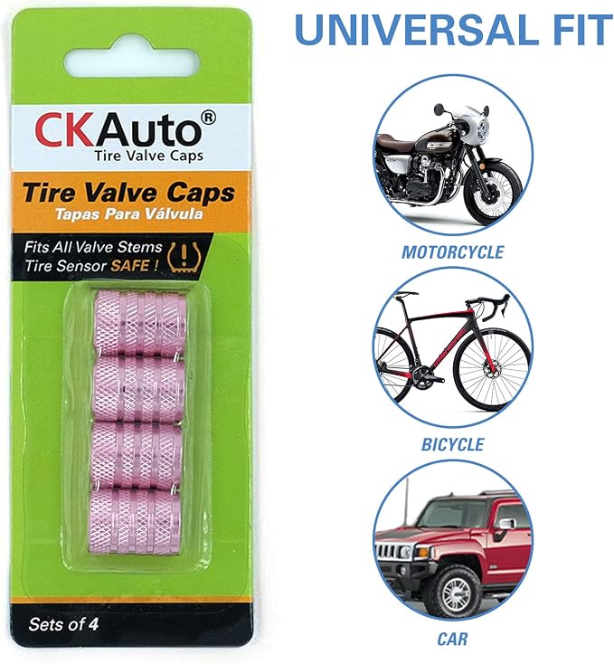 Tire Valve Stem Caps, Pink, 4 pcs/Pack, Anodized Aluminum Tire Valve Cap Set, Corrosion Resistant, Universal Stem Covers for Cars Trucks Motorcycles SUVs and Bikes