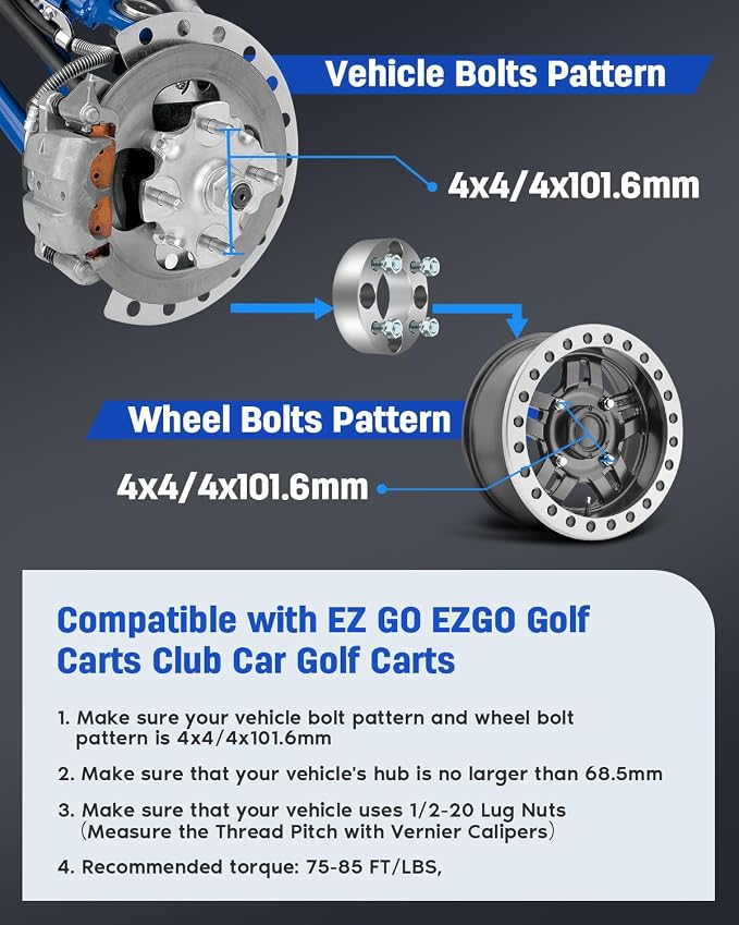 EZ GO Wheel Spacers CLUB CAR for Golf CART Wheel Spacers 1.5 inch 4x4 to 4x4 Wheel Spacers 4x101.6 to 4x101.6 4 Lug 68.5mm CB 1/2" Studs 4PCS