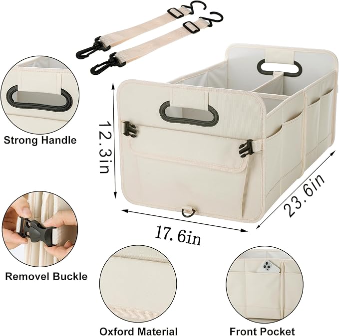 Trunk Organizer For Suv & Sedan,Car Organizers and Storage, Waterproof Collapsible & Adjustable Straps,Sturdy Car Organization for Car Accessories, Tools,Food，Sundries,2-3 Compartment（Beige）