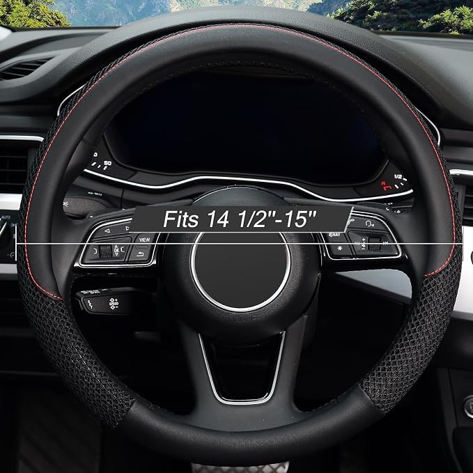 15 inch Steering Wheel Cover, Cooling Ice Silk Mesh with Microfiber Leather, Ultra Breathable, Anti Slip Car Grip, Heat Resistant Summer Cool, Universal Fit, Black