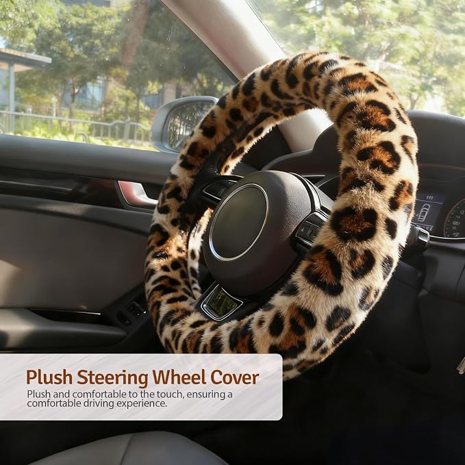 Fluffy Steering Wheel Cover 3PCS Set – Plush Fuzzy Fur Steering Wheel Cover with Gear Shift Cover & Handbrake Cover, Winter Warm Car Accessories, Car Interior Accessories for Women (Leopard)