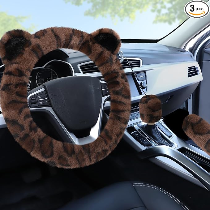 Fuzzy Car Steering Wheel Cover, Warm Fluffy Leopard Steering Wheel Cover with Cute Ears, Soft Plush Furry Car Accessories Decor for Women, Non-Slip Universal 15 inch Fit Vehicle, Truck, SUVs