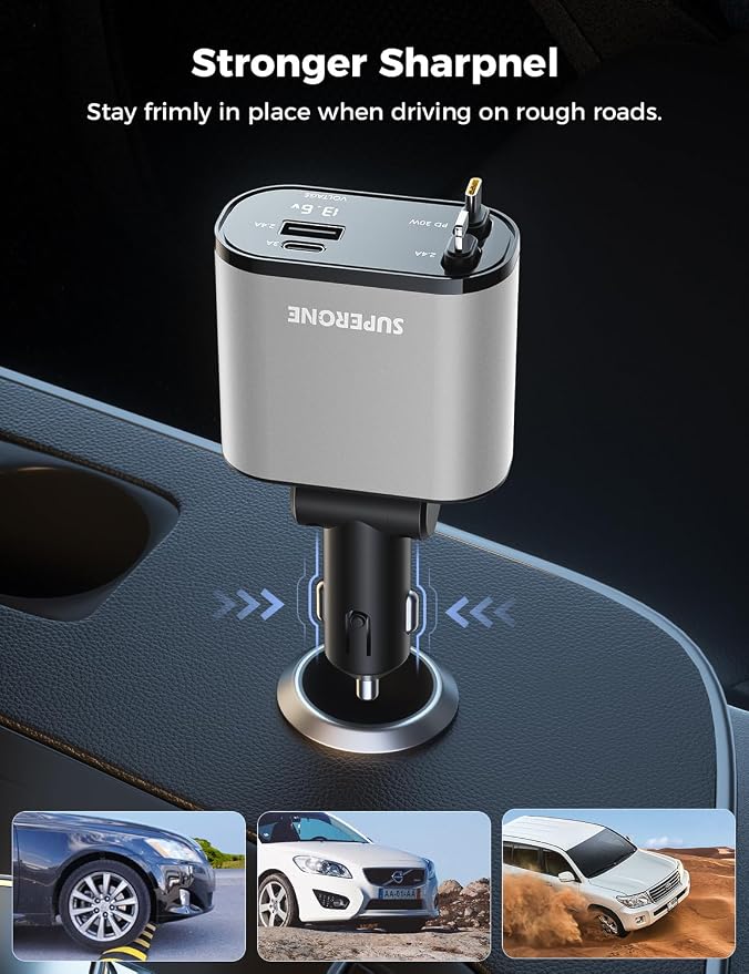 【Upgraded】 Retractable Car Charger 4 in 1, Fast Car Phone Charger with Cord 2.6ft, USB C and Apple Car Charger Adapter, Compatible with iPhone 17/16/15/15 Pro Max/14/13/12/11, Galaxy, Pixel