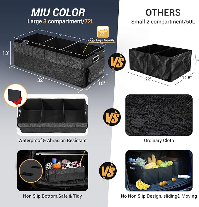 Trunk Organizer for SUV, Sturdy Car Organizer, Non-Slip Bottom, Folded Storage Organizer for Sedan, Van, Jeep, Grocery, Car Accessories, Large 3 Compartments, Art Black,32"×13"×10.6"