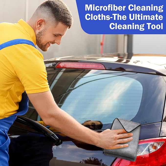 12 Pcs Microfiber Towels for Cars, 800 GSM Plush Drying Cleaning Cloth Bulk, 16 x 16 Inch Thick Absorbent Wash Detailing Towels for Car Polishing, House, Kitchen Cleaning(Gray)