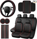 14 PCS Leather Car Seat Covers Full Set, 14.5”-15'' Sporty Steering Wheel Cover Universal, Center Console Cover, Seat Belt Cushion, Cup Holder Coaster, Car Interior Set Red