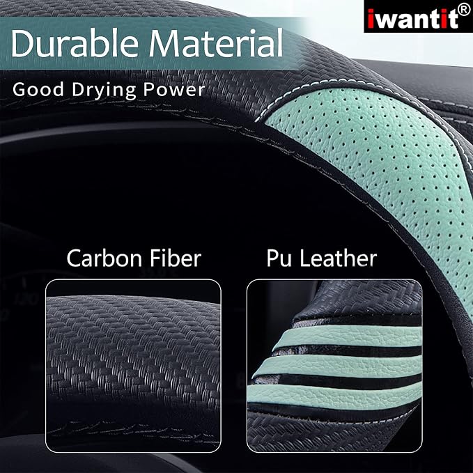 Steering Wheel Cover with Carbon Fiber and Anti-Slip Rubber Ring,Universal Fit 14.5-15 inches for Cars,SUV (Fruit Green)