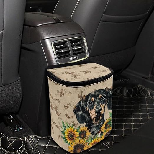 Dachshund Sunflower Butterfly Print Car Trash Can with Lid, Leak Proof Auto Trash Bag Hanging Vehicle Garbage Can Multipurpose Storage Container for Back Seat Road Trip