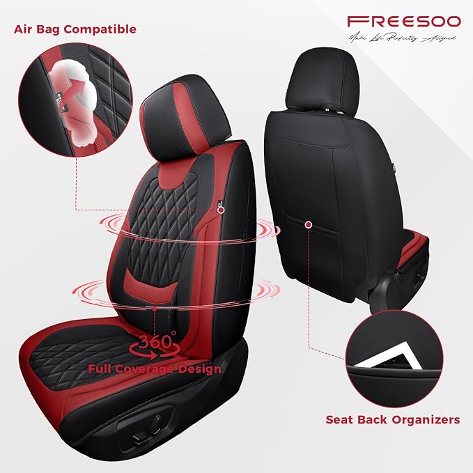 Front Seat Covers for Cars - Ultra Breathable Waterproof Faux Leather Car Seat Cover Protectors with Lumbar Support, Universal Fit for Most 5 Seats Vehicles Sedans Hatchbacks Pickup, Black Red