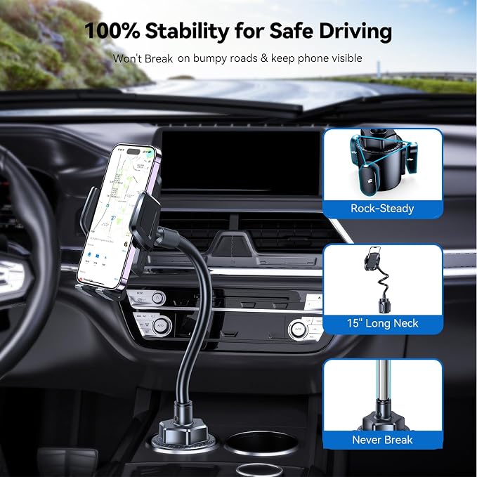 Cup Phone Holder for Car - Adjustable Gooseneck Cup Holder Phone Holders with Air Vent Holders & Expandable Base, Cupholder Phones Mount for iPhone 17/16 Pro Max and All Cell Phones, Car Model