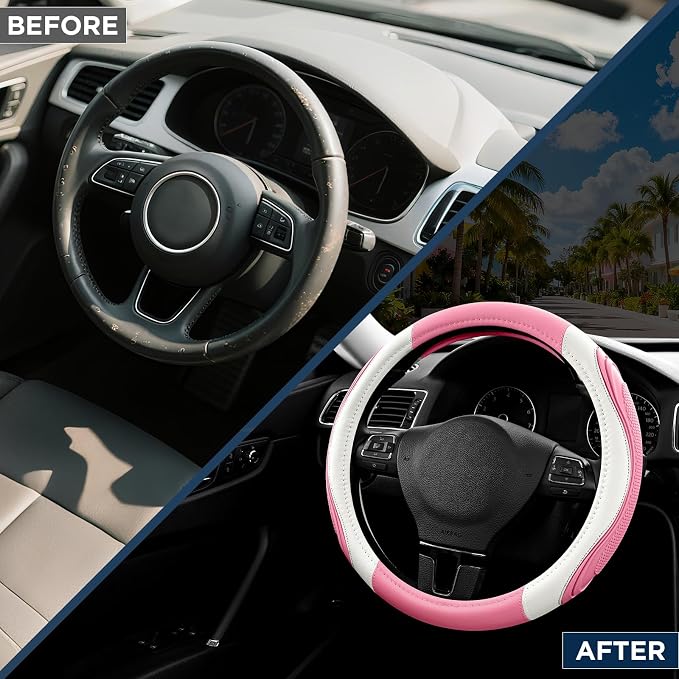 Car Steering Wheel Cover - Microfiber Leather Steering Wheel Wrap Sports 14.5-15 Inch Steering Wheel Cover Non-Slip for Men Women Pink & White Color