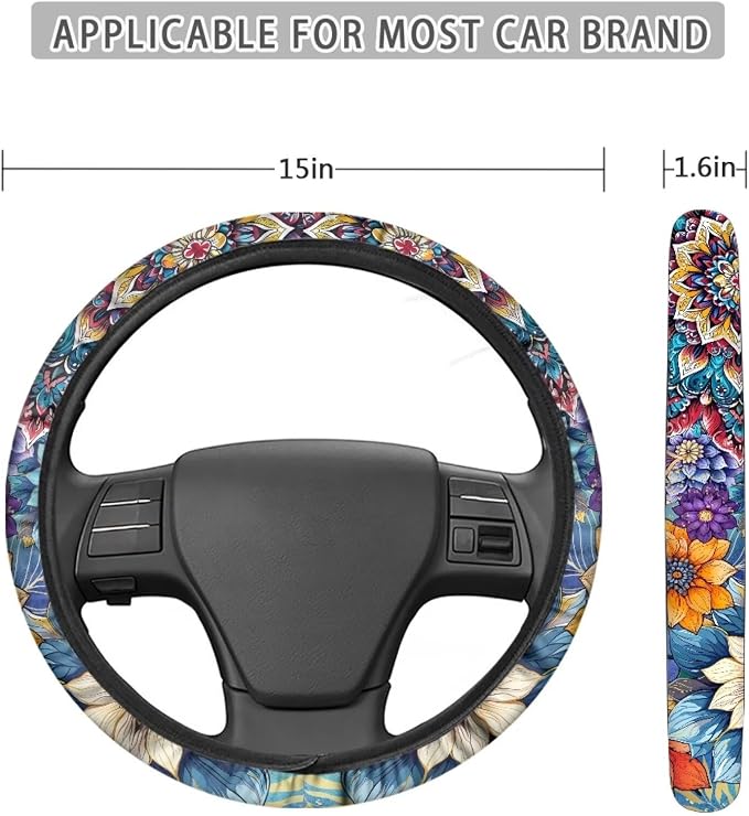 Car Steering Wheel Covers for Womens Boho Flower Steering Wheel Cover Soft Anti-Slip Rubber Stretch-on Steering Wheel Protector Cover Sweat Auto Accessories Interior Decor