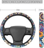 Car Steering Wheel Covers for Womens Boho Flower Steering Wheel Cover Soft Anti-Slip Rubber Stretch-on Steering Wheel Protector Cover Sweat Auto Accessories Interior Decor