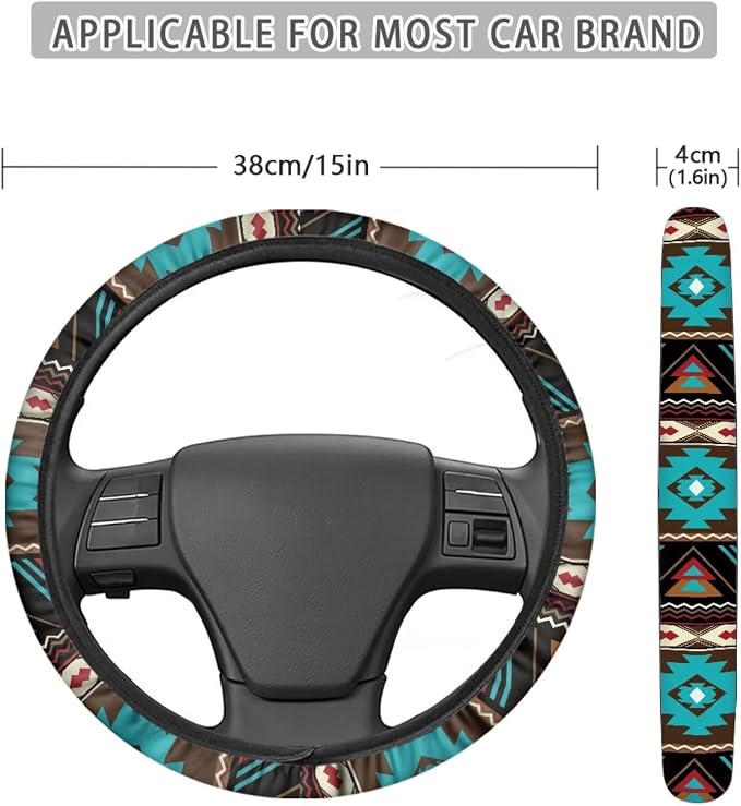 Southwest Aztec Teal Brown Car Steering Wheel Cover Soft Stretch Auto Steering Wrap Protector for Women Men, Universal Auto Accessories Fit Most Vehicles