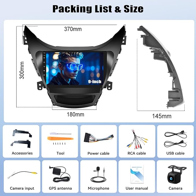8 Core 6G+128G Android Car Stereo Radio for Hyundai Elantra 2011 2012 2013 with 360° Panoramic View 9 Inch Touch Screen Wireless CarPlay Android Auto Backup Camera GPS Navigation WiFi