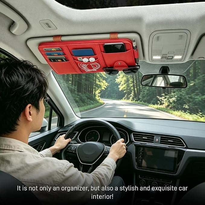 Car Sun Visor Organizer, Truck Visor Organizer, Leather Multi-Pocket Auto Visor Storage Pocket Pouch Holder with Zipper, Auto Accessories Storage Bag for Driving License Card Pen (Red)