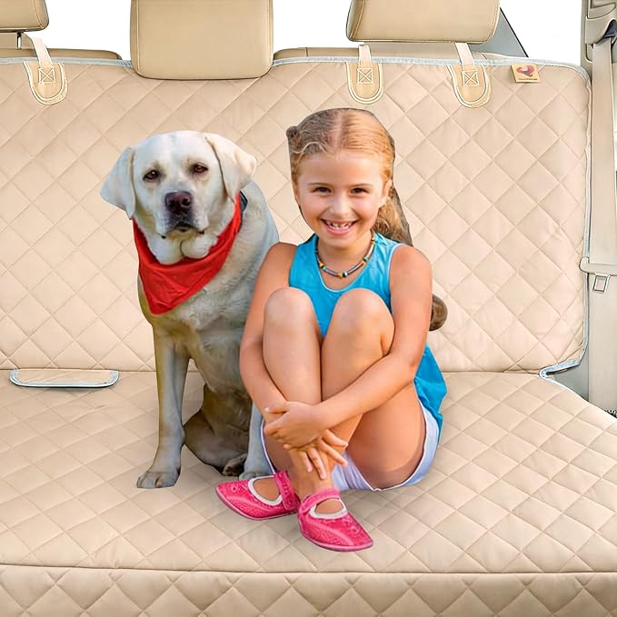 Dog Car Seat Cover for Back Seat Waterproof Backseat Protector, Nonslip Rear Seat Cover for Kids,Universal Size Fits Cars Trucks SUVs (Beige)