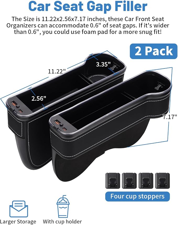 LED Car Seat Gap Filler Organizer Console Side Storage Box Between Seats with Cup Holders RGB Color Changing Storage Front Seat Gap Filler with USB Charging Car Interior Accessories (2 Pack)