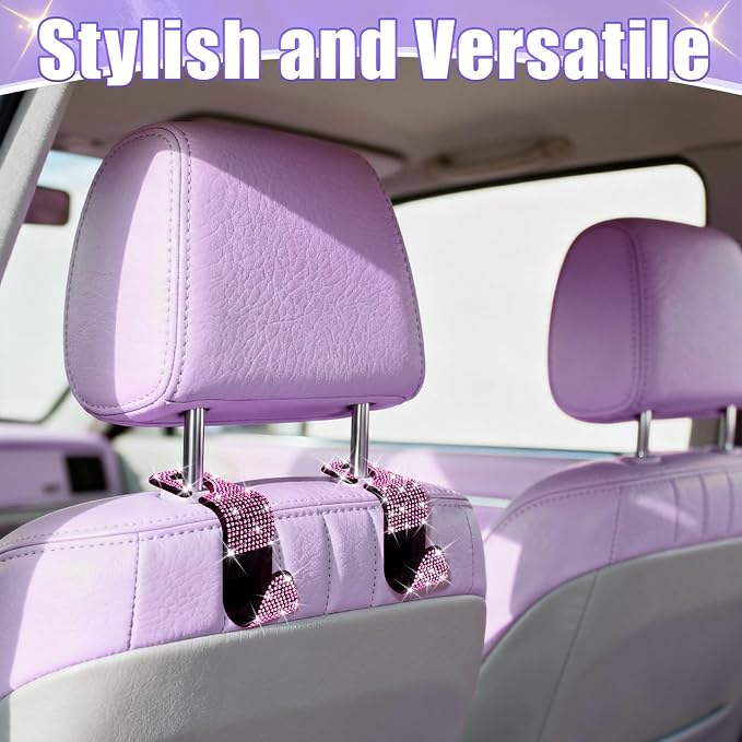 6 Pack Bling Car Seat Headrest Hooks, Rhinestone Purse Hook for Car, Universal Storage Organizer for Handbag Grocery Bags Coats, Bling Car Accessories for Women (Bling Pink)