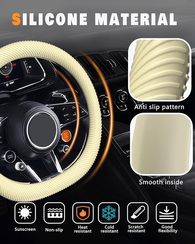 Car Steering Wheel Cover, Thin Anti-Skid Silicone Steering Wheel Cover for Men & Women, Universal Automotive Interior Accessories for Most Cars (Light Yellow)
