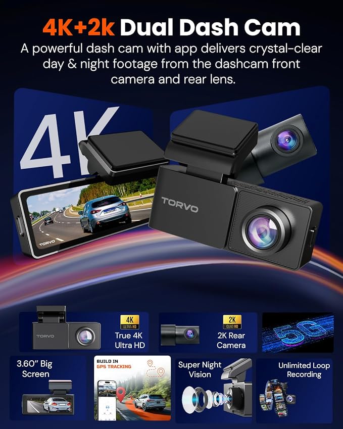 TD3 4K+2K Dash Cam with App, Camera for Car Front and Back with 5G WiFi & GPS, Free 64GB Card, Night Vision Dashcam Front Cameras 24/7 Recording When Car is Off, Security Camera for Cars