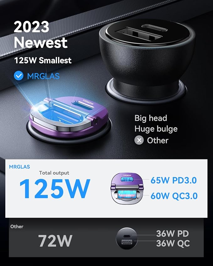 【Upgraded】 125W USB C Car Charger Super Fast Charging for iPhone 16, [PD65W & QC60W][All Metal] Cigarette Lighter Car Charger,Dual Port for iPhone 16 15 Pro iPad Samsung S25/S24 MacBook-Purple