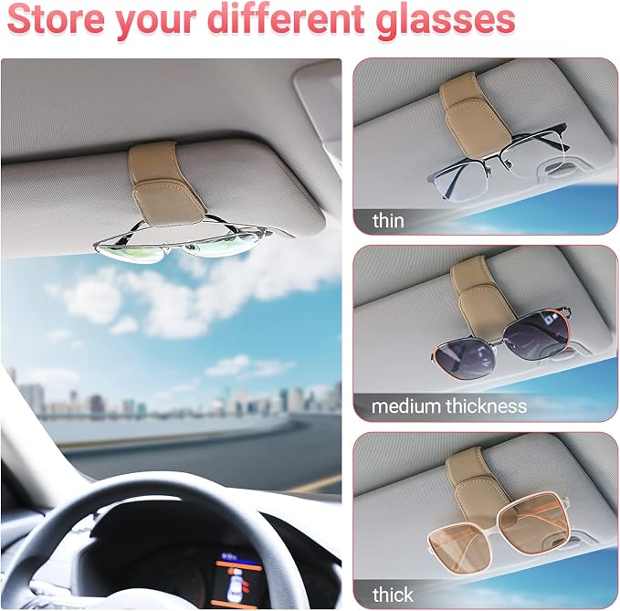 Sunglass Holder for Car Visor Sunglasses Clip Magnetic Leather Glasses Eyeglass Holder Truck Car Interior Accessories Universal for Woman Man -Beige