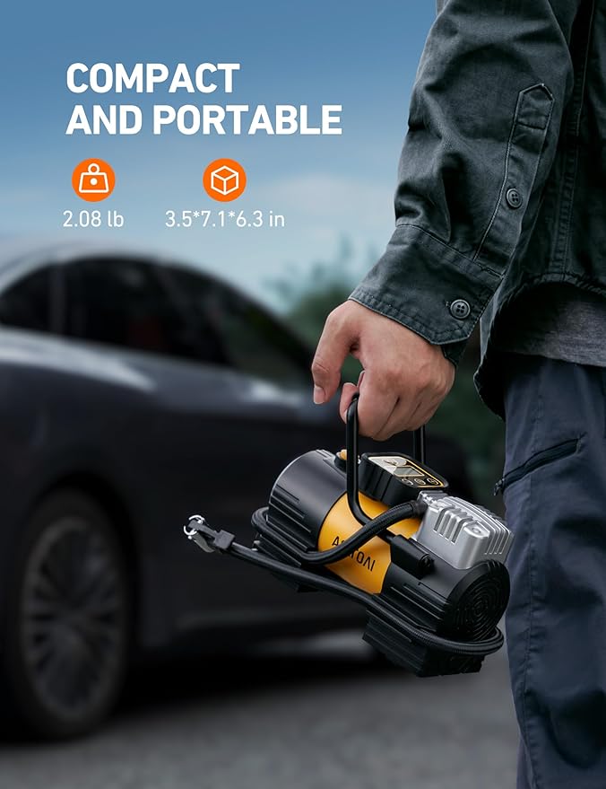 Tire Inflator Portable Air Compressor 150 PSI 12V DC Tire Pump with Digital Gauge Auto Shut-Off Fast Inflation, Ultra-Bright 12 LED Emergency Light for Car, Motorcycle, Bike, Ball, Inflatables