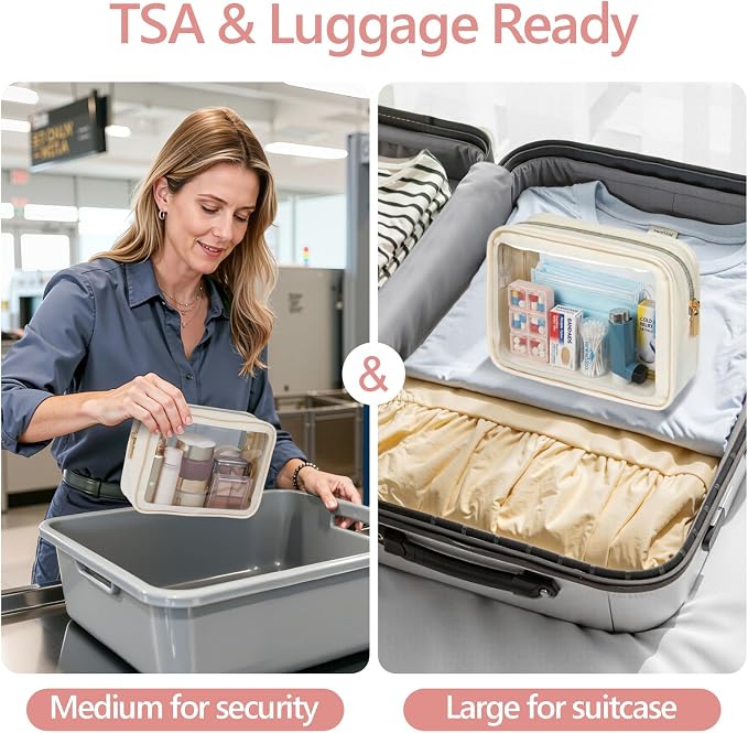 Clear Makeup Bag - TSA Approved Toiletry Bag for Carry-on & Checked Luggage, Water Resistant Car Storage Organizer with Reinforced Seams