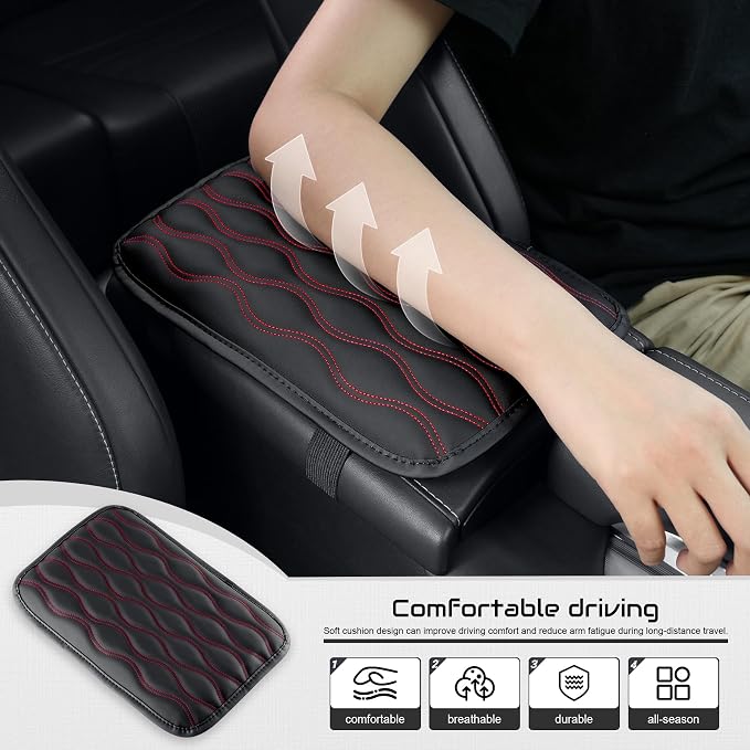 Car Center Console Cover, Upgraded Leather Car Armrest Cushion, Universal Waterproof Cushion Pad, Non-Slip Car Interior Accessories, Fits Most Sedans SUVs Trucks (Red Line)
