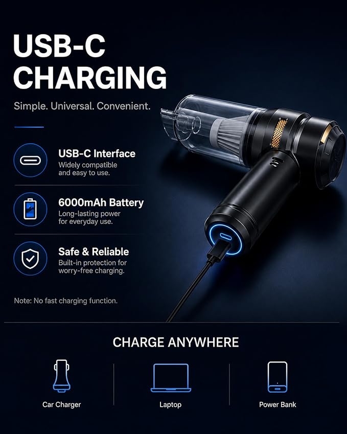 Car Vacuum Portable Cordless 20000PA High Power 4-in-1 Compressed Air Duster & Air Blower & Pump Hand Held Vacuum with Brushless Motor for Car, Home, Office,Camping Ideal Gifts for Men & Women