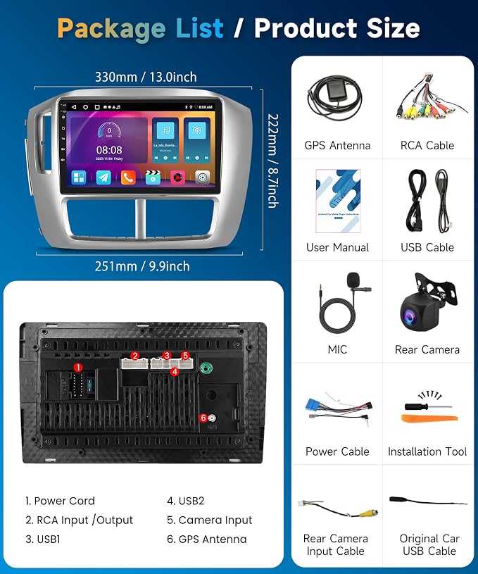 Car Stereo for Honda Pilot 2006 2007 2008 Wireless Carplay Android Auto,9" Touch Screen Radio, Android 15/GPS/5G WiFi/EQ DSP Audio/Bluetooth/SWC/Backup Camera 4Core+64G
