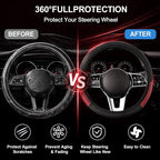 Car Steering Wheel Cover, 15 inch Carbon Fiber Microfiber Anti-Slip Breathable PU Leather Elastic Steering Wheel Protector, Car Interior Accessories for Most Cars (AD-WineRed)