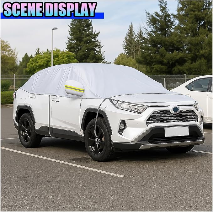 Half Car Cover for Sedan, 149" Windproof Windshield Cover, Dustproof Auto Sunroof Covers with Reflective Straps, All Season Universal Waterproof Vehicle Window Sun Protector(Hatchback)