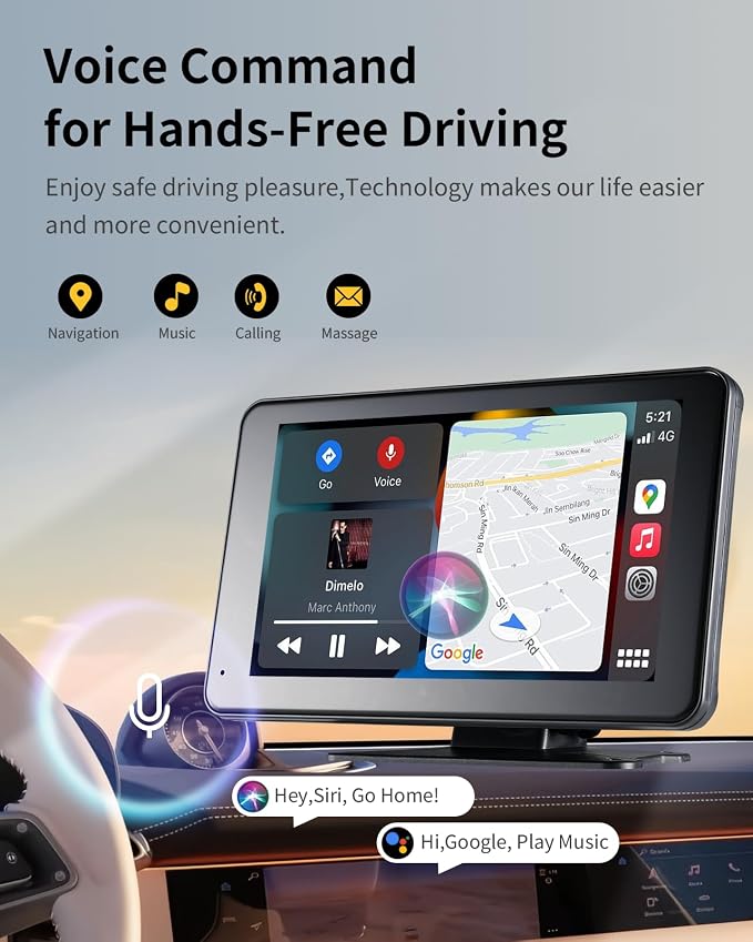 Wireless CarPlay & Android Auto Screen for Car - 7" Portable Car Stereo with 1080P Backup Camera, GPS Navigation, Voice Control, Bluetooth, FM, AUX - Universal Plug & Play Head Unit for Older Vehicles
