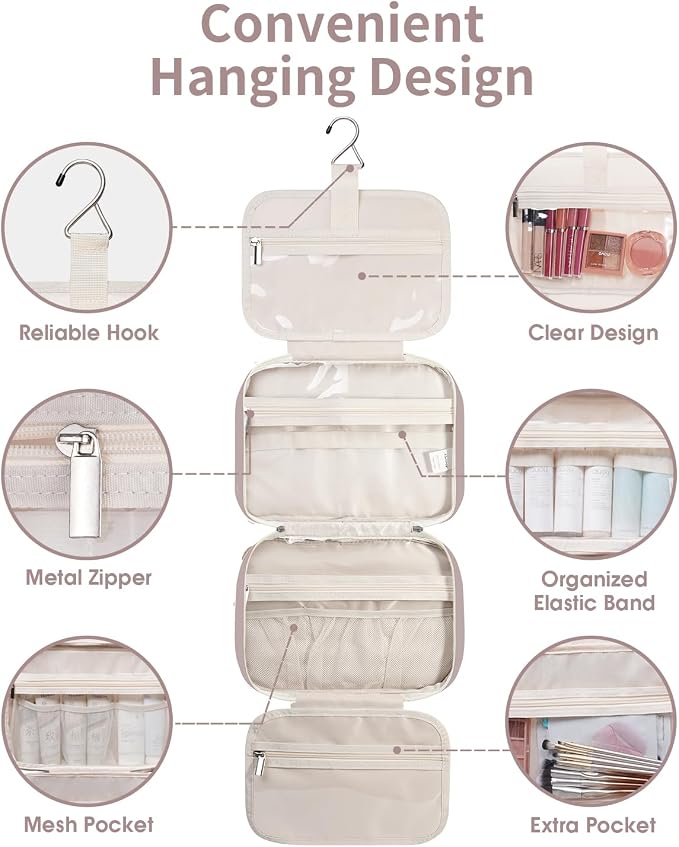 Travel Toiletry Bag for Women Large Hanging Makeup Bag Organizer Toiletries Bag for Full Size Essentials Accessories Cosmetics (Dusty Rose (Large))