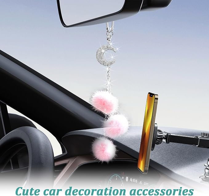 Bling Diamond Heart Car Interior Accessories, Car Mirror Hanging Ornament for Women, Love Heart & Pink Plush Ball Decor Ornament Pendant (Moon/Pink)