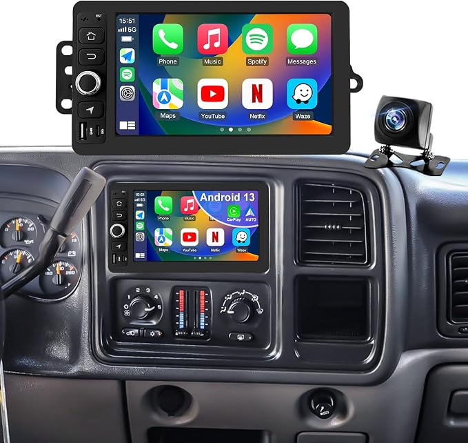 64G Upgrade Car Radio for Chevrolet Silverado 1500/2500/3500 2003-2006, GMC Sierra 1500/2500/3500 2003-2006, 7in Colorado Express Impala Stereo Touch Screen CarPlay Android Auto GPS FM Camera 5GWifi